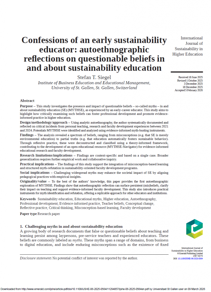 New Publication: Confessions of an Early Sustainability Educator siegel 2026 confessions se ijshe first page article