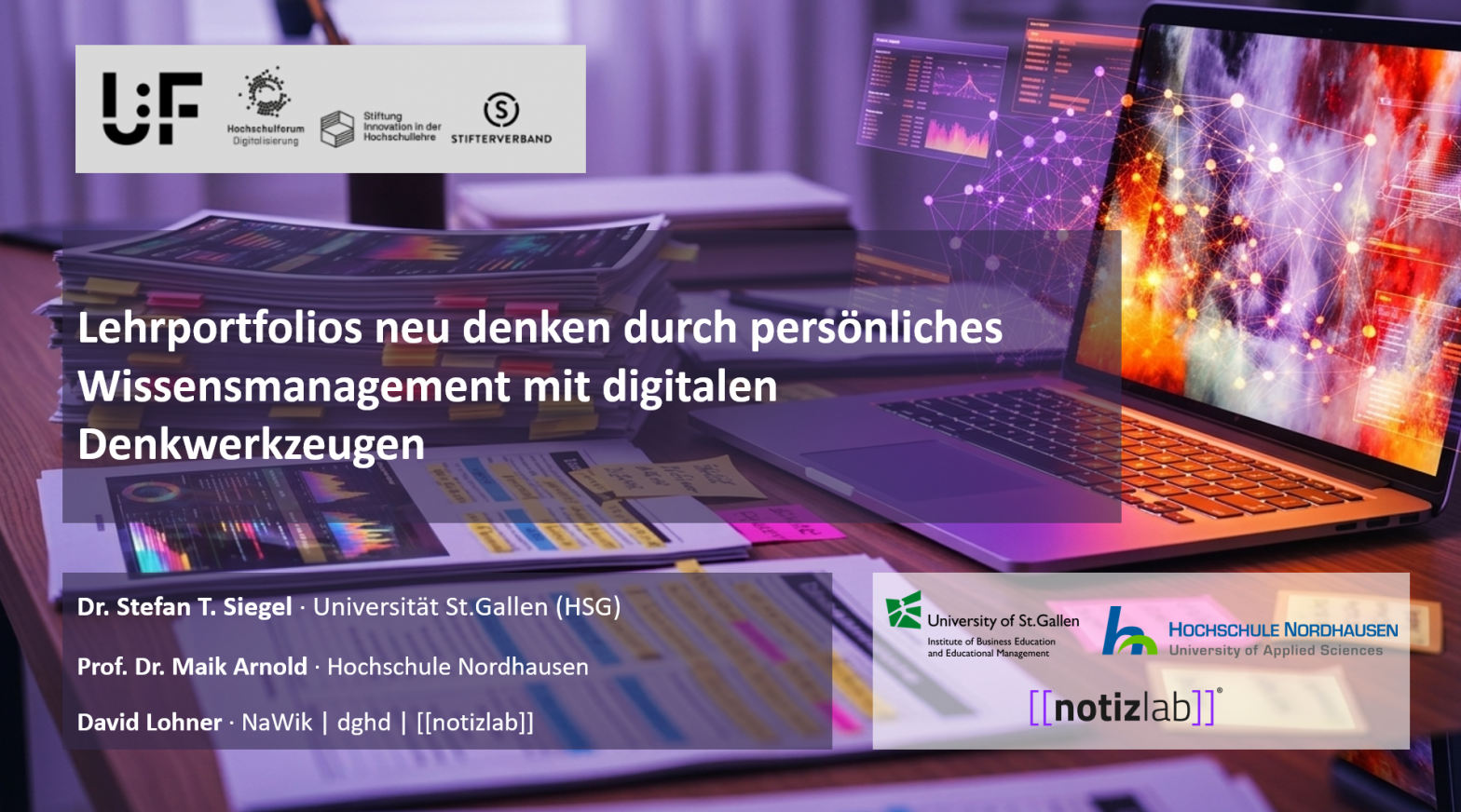 Siegel, Stefan T.; Arnold, M.; Lohner, D. (2026, Juni, akzeptiert). Lehrportfolios neu denken durch persönliches Wissensmanagement mit digitalen Denkwerkzeugen. Vortrag beim University:Future Festival 2026 “Under Pressure” (Online). https://festival.hfd.digital/de/