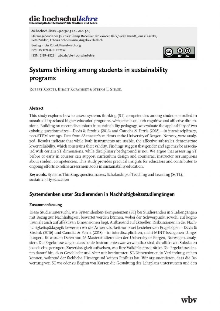 Kordts, R., Kopainsky, B., & Siegel, S. T. (2026). Systems thinking among students in sustainability programs. die hochschullehre, 12(26), 285–300. https://10.3278/HSL2626W